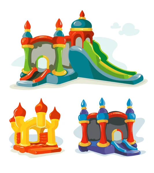 Ilustración vectorial de castillos inflables y colinas infantiles en el patio de recreo — Vector de stock
