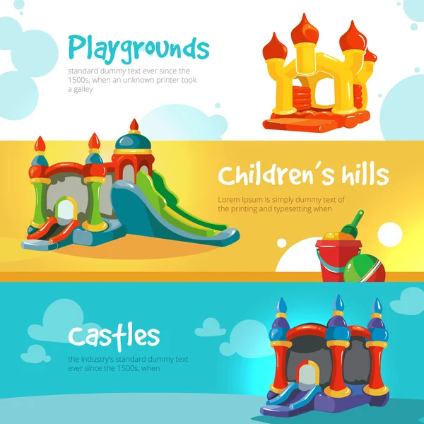 Inflatable castles and childrens hills on playground — Stock Vector