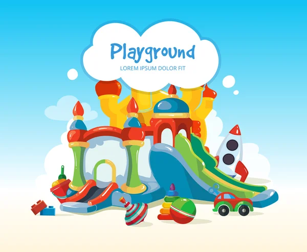 Inflatable castles and childrens hills on playground — Stock Vector