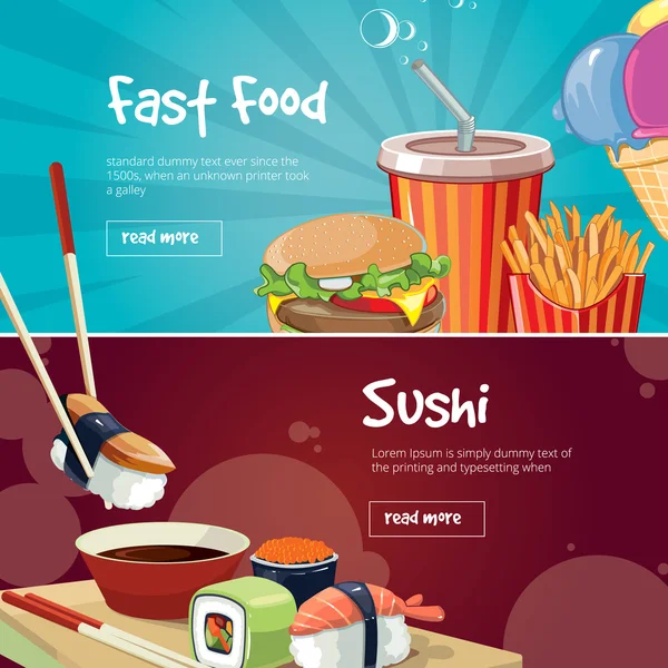 Ilustração vetorial de dois banners web com imagens de fast food — Vetor de Stock