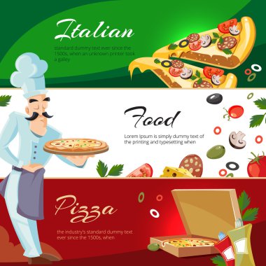 Çizgi film web afiş ingridients pizza ile vektör