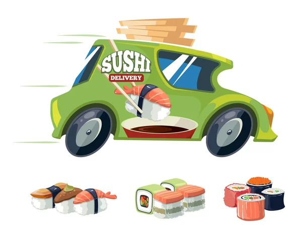 Vector illustration of sushi delivery green car — Stock Vector