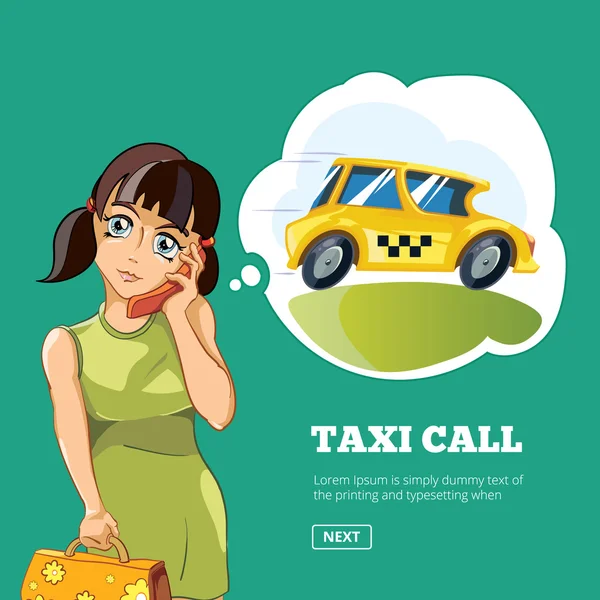 Mujer Yong llamando a un taxi — Vector de stock