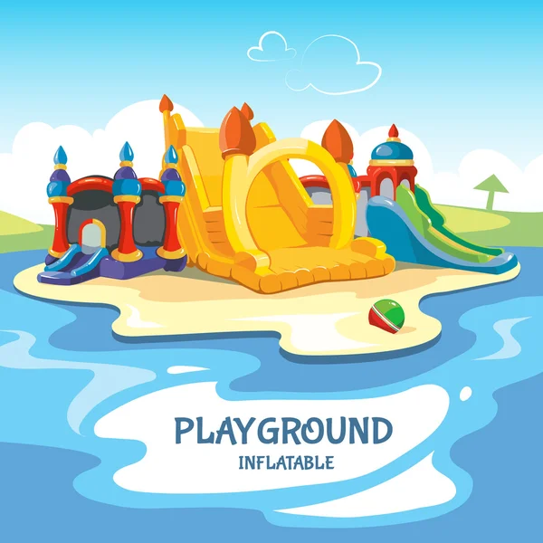 Vector illustration of inflatable castles and children hills on playground — Stock Vector