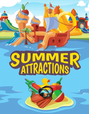 Şişme kaleler ve Çocuk Bahçesi tepelerde vektör çizim