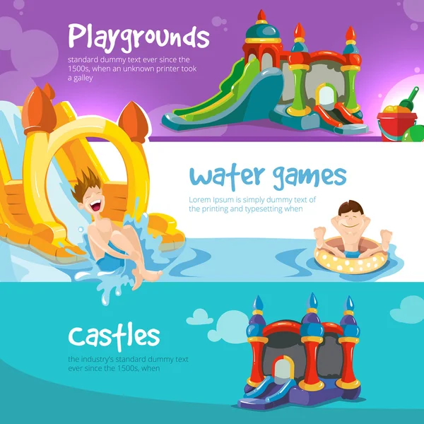 Inflatable castles and childrens hills on playground — Stock Vector