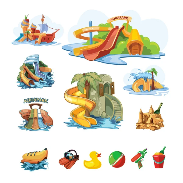 Icion készlet-ból egy Aquapark vízi csúszdákkal — Stock Vector