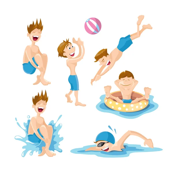 Los niños juegan y nadan en la piscina — Vector de stock