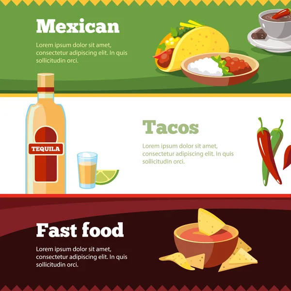 Conjunto de pancartas horisontales vectoriales con comida tradicional mexicana — Vector de stock