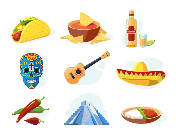 Conjunto de iconos vectoriales con ellements mexicanos tradicionales — Archivo Imágenes Vectoriales