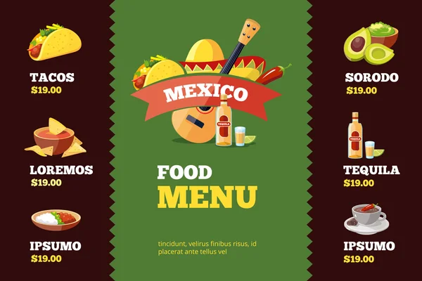 Vektor Illustration der Hintergrund Restaurant Menü-Vorlage mit mexikanischem Essen. — Stockvektor