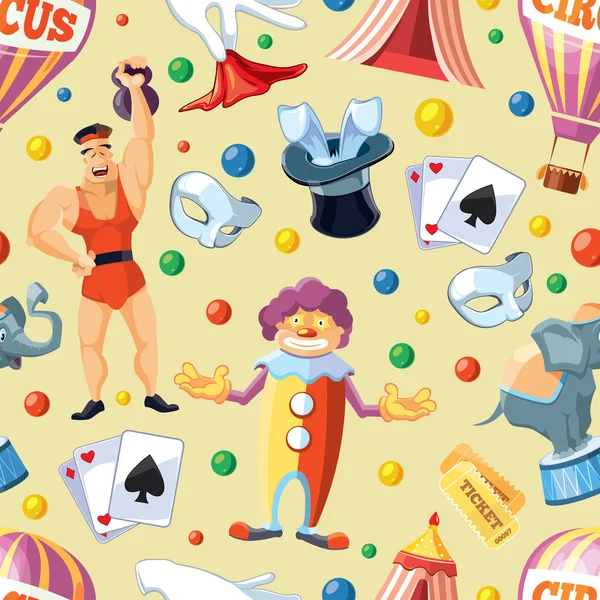 Circus διασκέδαση χωρίς ραφή πρότυπο. Επίπεδη στυλ σχεδίασης. Vector εικονογράφηση. — Διανυσματικό Αρχείο