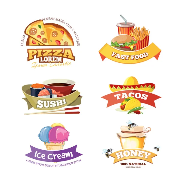 Emblema vetorial conjunto com ilustrações alimentares — Vetor de Stock