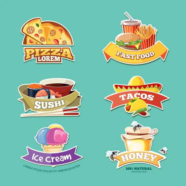 Conjunto de emblema de vector con ilustraciones de alimentos — Vector de stock