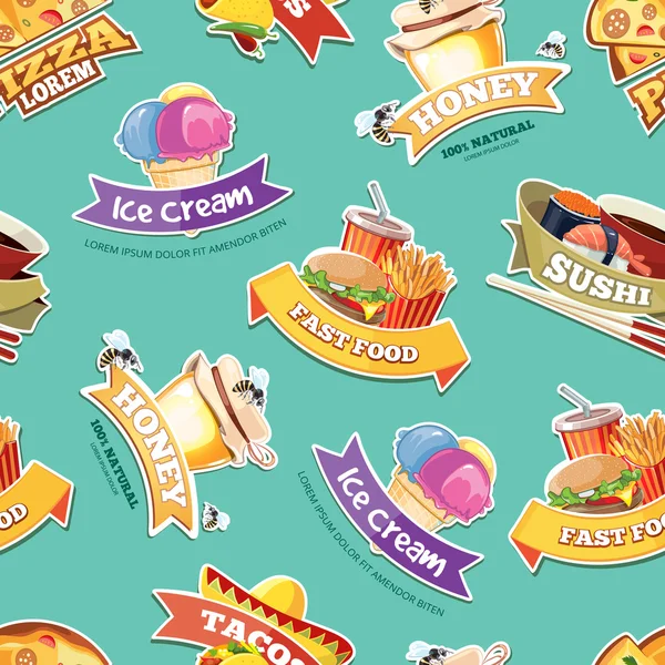 Motif sans couture vectoriel avec des emblèmes d'illustrations alimentaires — Image vectorielle
