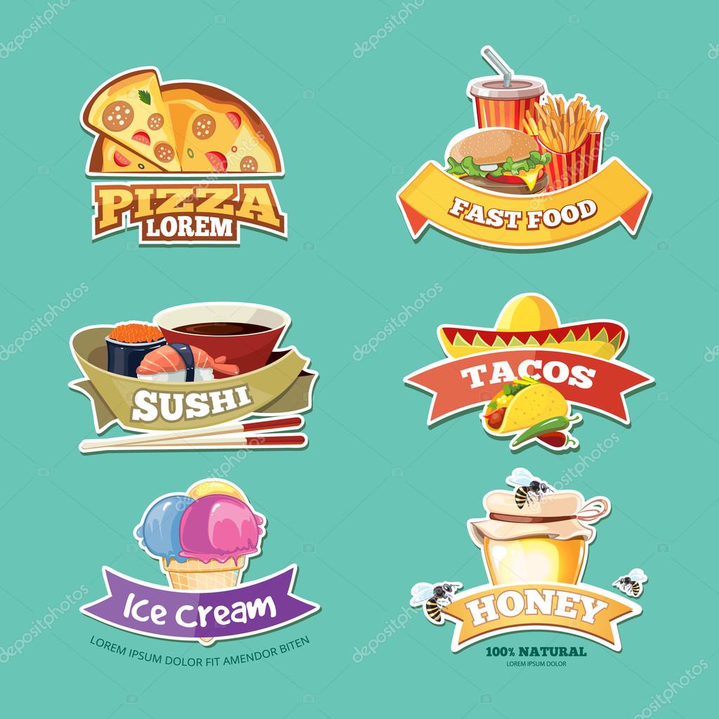 Vector emblem set with food illustrations. European, Mexican, Itallian, japan food, ice cream and honey.