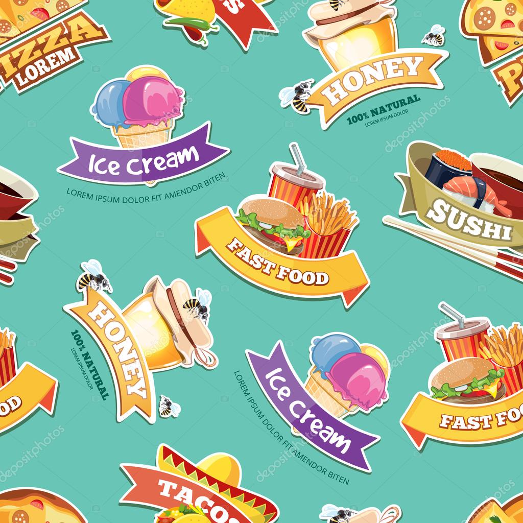 Vector seamless pattern with emblems of food illustrations. European, Mexican, Itallian, japan food, ice cream and honey.