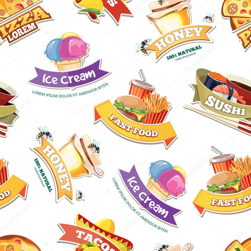 Vector seamless pattern with emblems of food illustrations. European, Mexican, Itallian, japan food, ice cream and honey.