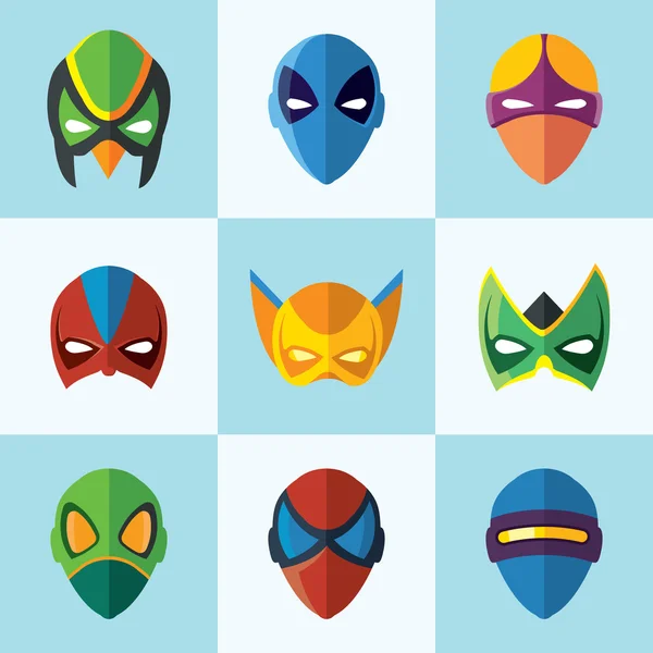 Ensemble de masques vectoriels super héros dans un style plat — Image vectorielle