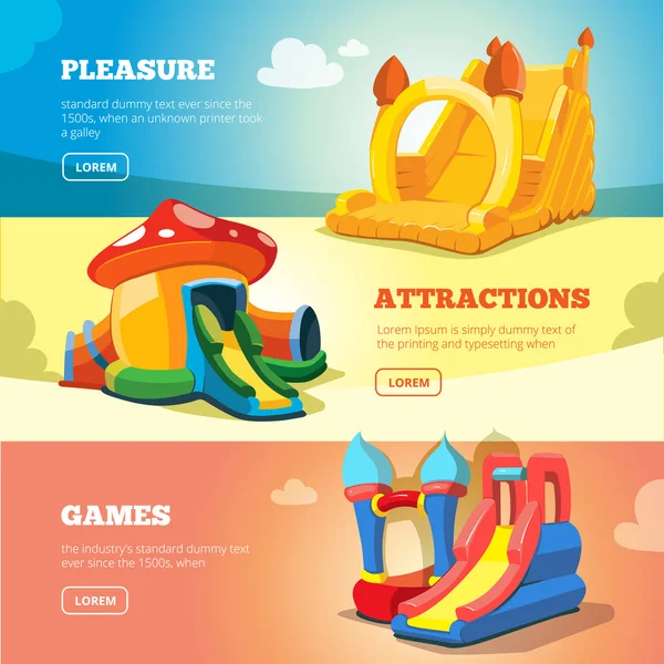 Inflatable castles and childrens hills on playground — Stock Vector