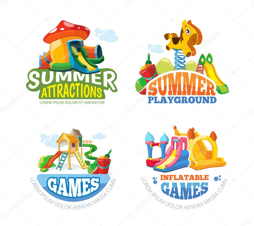 Vector illustration of color emblems with toys for summer games on inflatable playground. Advertise labels with place for your text. Pictures isolate on white background