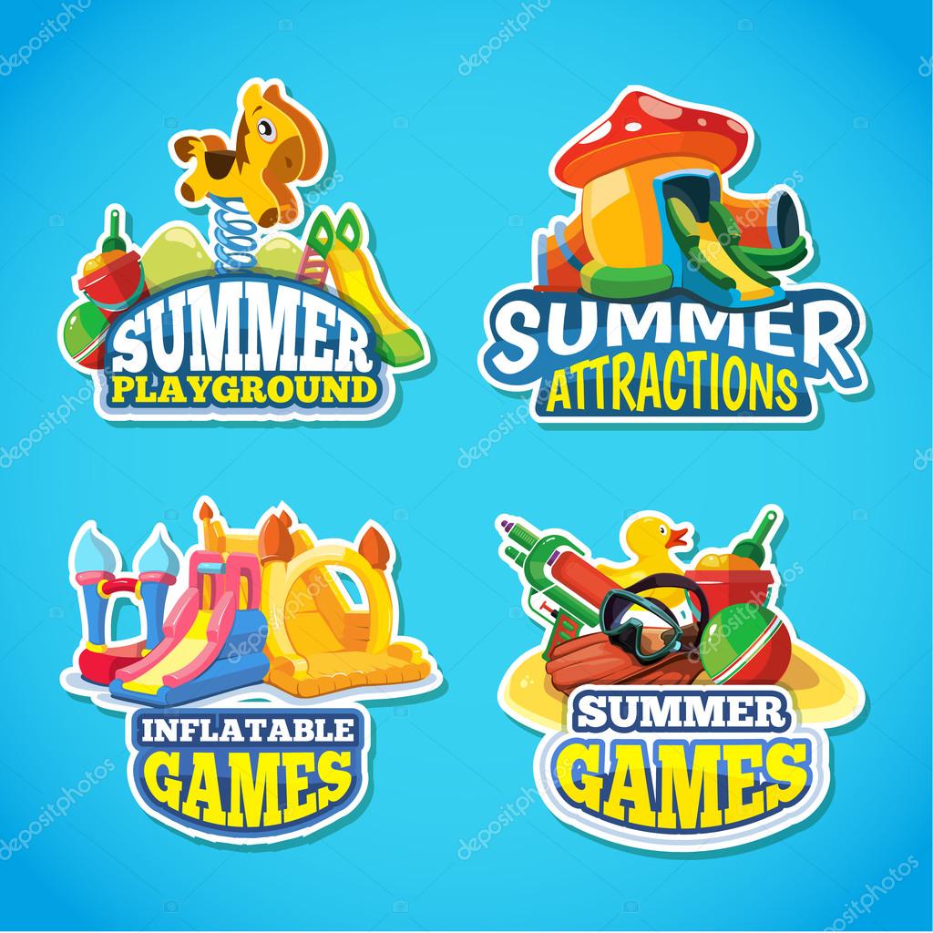 Vector illustration of color emblems with toys for summer games on inflatable playground. Advertise labels with place for your text. Pictures isolate on blue background