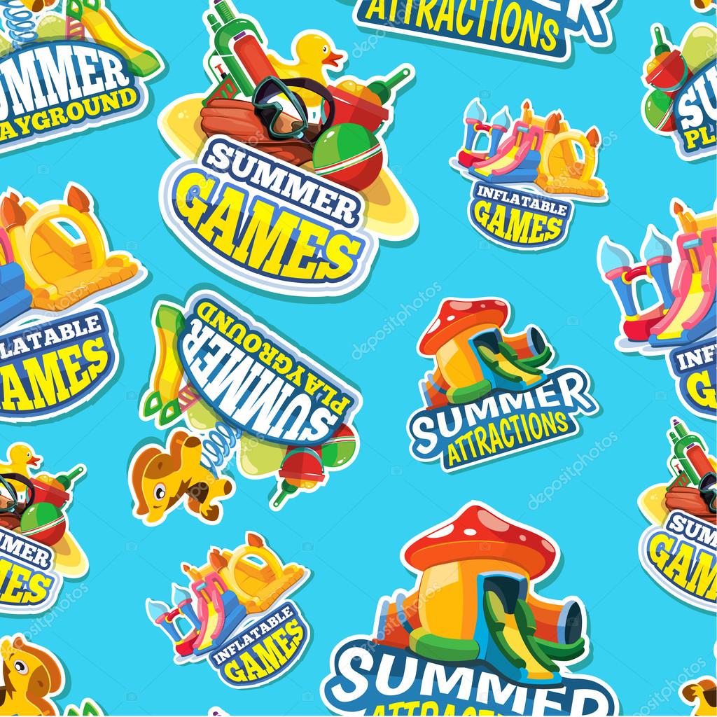 Vector seamless pattern of color emblems with toys for summer games on inflatable playground. Advertise labels. Pictures isolate on blue background