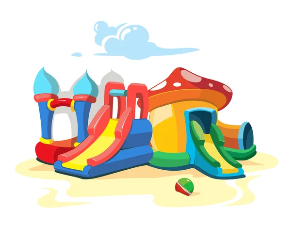 Ilustración vectorial de castillos inflables y colinas infantiles en el patio de recreo — Archivo Imágenes Vectoriales