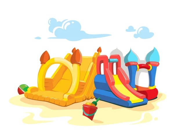 Vector illustration of inflatable castles and children hills on playground — Stock Vector