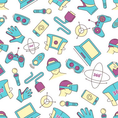 Doğrusal simgeler sanal gerçeklik aksesuarları kümesi. seamless modeli