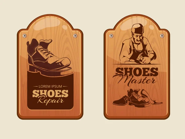 Painéis de madeira de publicidade para oficina de reparação de sapatos —  Vetores de Stock