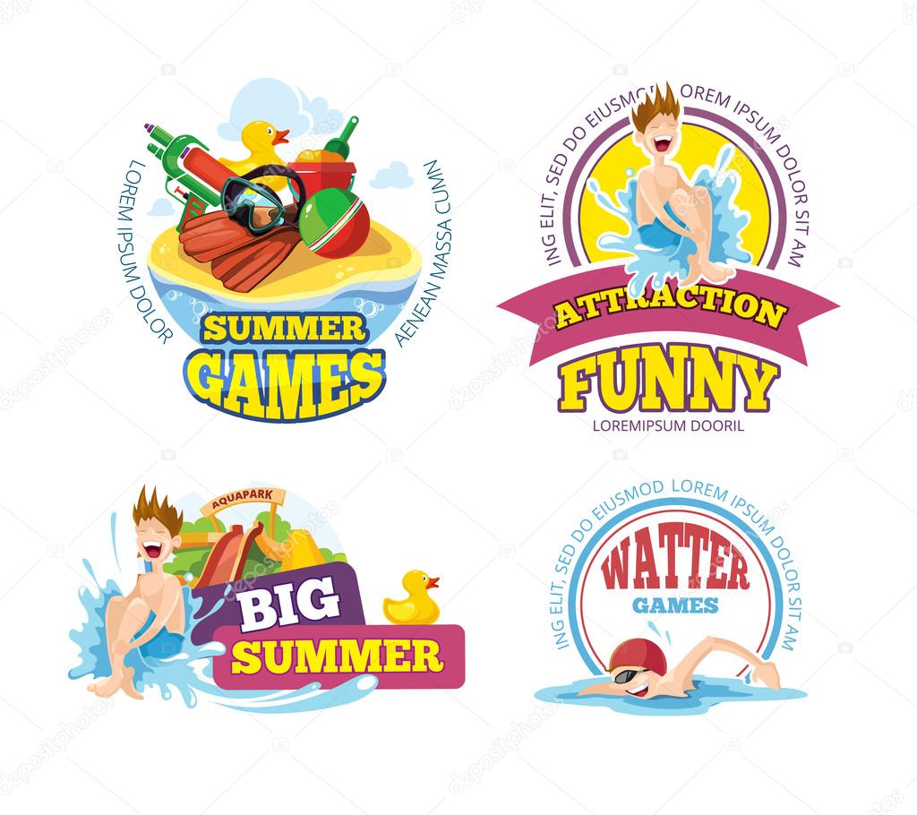 Vector illustration of color emblems with toys for summer games on playground. Advertise labels with place for your text. Pictures isolate on blue background. Playground Logo design