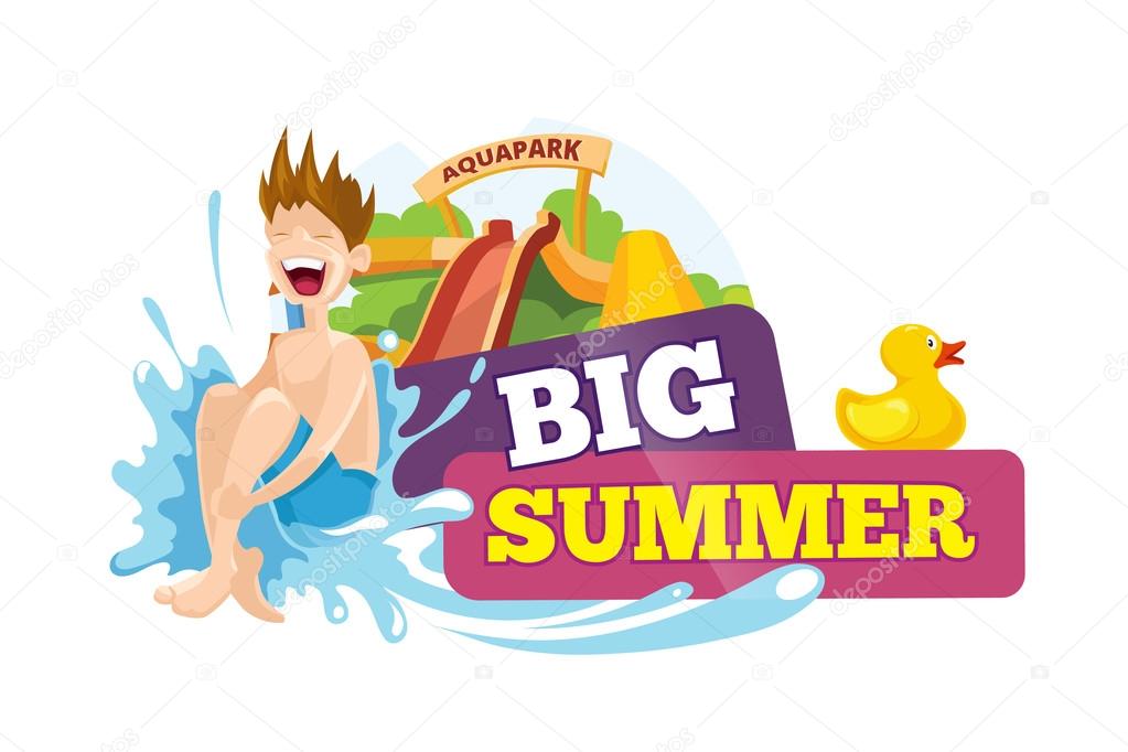 Vector color emblem of water hills in an aquapark. The cheerful boy rides on water hills. Advertise label with place for your text. Pictures isolate on white background. Playground Logo design
