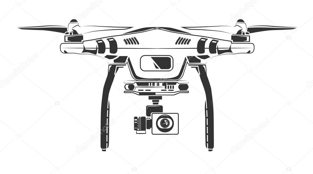 Vector monochrome picture of drone with spy camera. Picture front view. Illustration for labels, badges and logos design. Isolate on white background