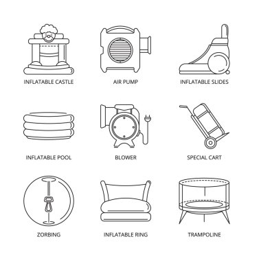 Şişme kaleler vektör mono line Icons set