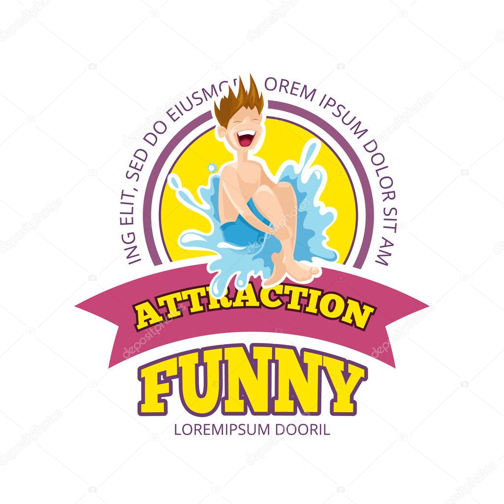 Vector illustration of color emblem with boy jumps in water. Funny Games on playground. Advertise label with place for your text. Picture isolate on white background. Playground Logo design