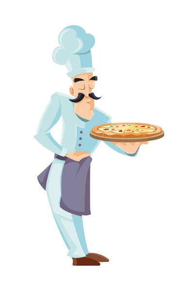 Vector illustration of itallian cook holding tray with pizza. — Stock Vector