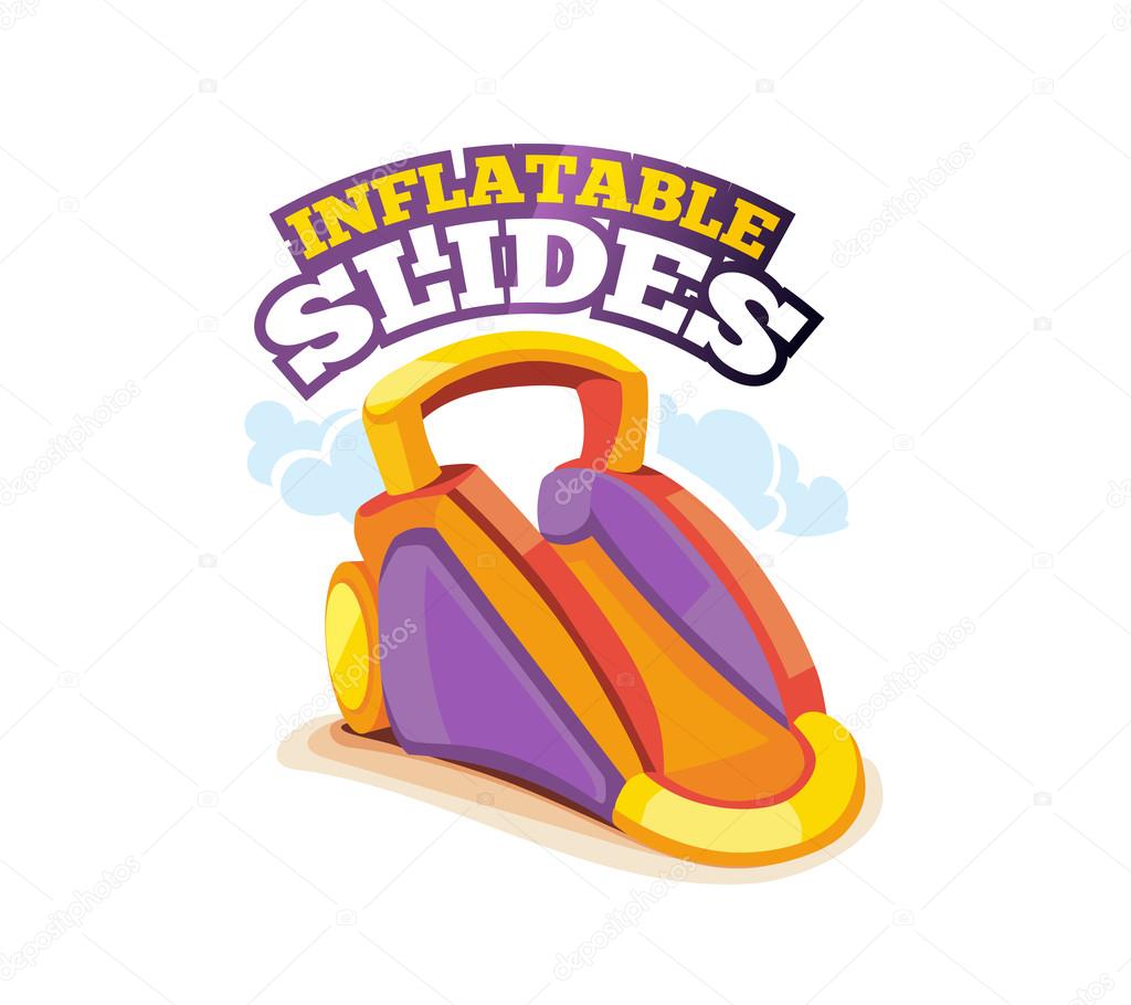 Vector illustration of color emblem inflatable slide on playground. Advertise label with place for your text. Picture isolate on white background