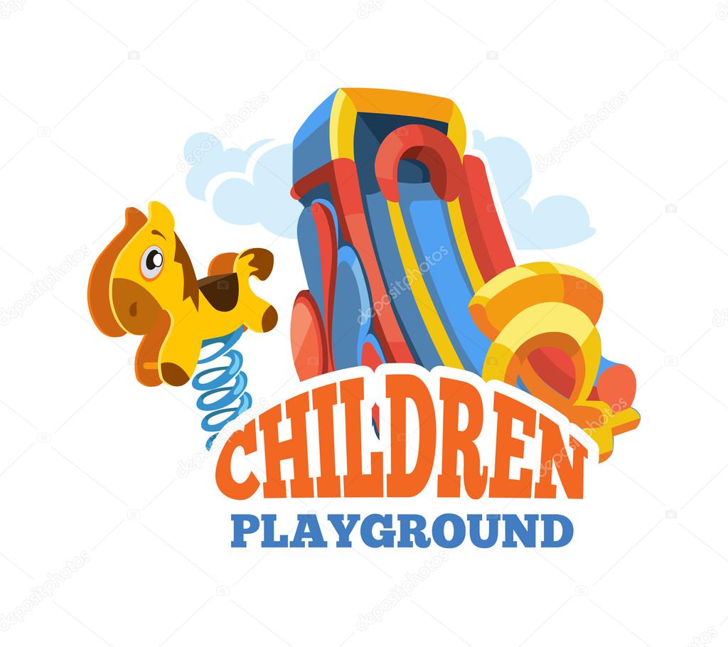 Vector illustration of color emblem with toys for summer games and children slides on playground. Advertise label with place for your text. Picture isolate on white background