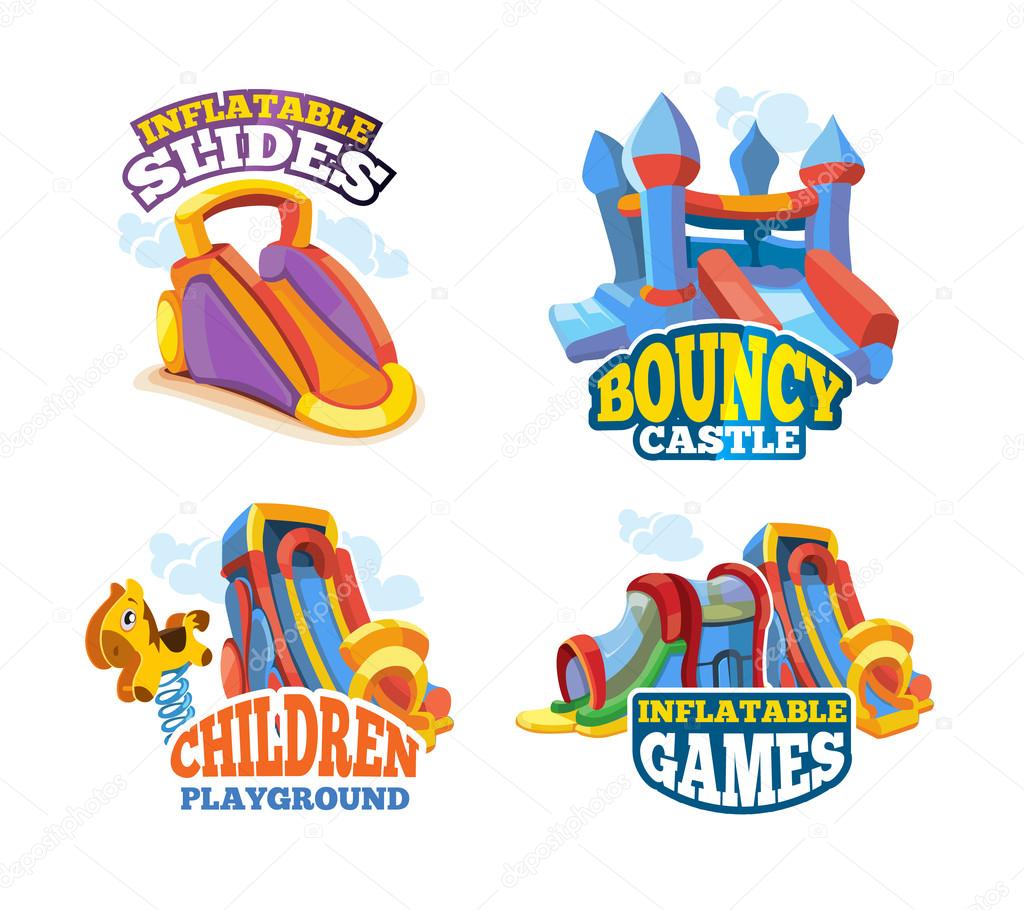 Vector illustration set of color emblems with toys for games on inflatable playground. Advertise labels with place for your text. Pictures isolate on white background. Flat style