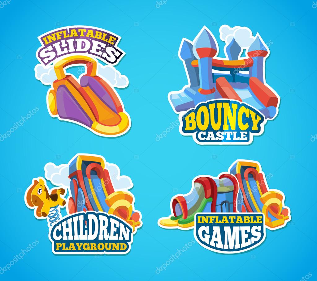 Vector illustration set of color emblems with toys for games on inflatable playground. Advertise labels with place for your text. Pictures isolate on blue background. Flat style