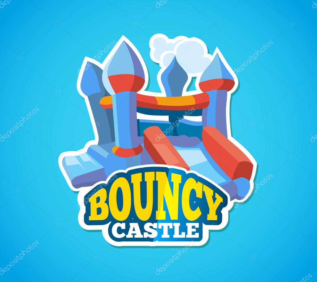 Vector illustration of color emblem with bouncy castle for games on inflatable playground. Advertise label with place for your text. Picture isolate on blue background