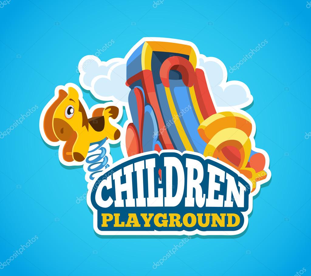 Vector illustration of color emblem with toys for summer games and children slides on playground. Advertise label with place for your text. Picture isolate on blue background