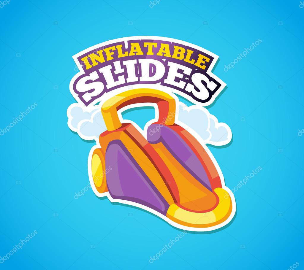 Vector illustration of color emblem inflatable slide on playground. Advertise label with place for your text. Picture isolate on blue background
