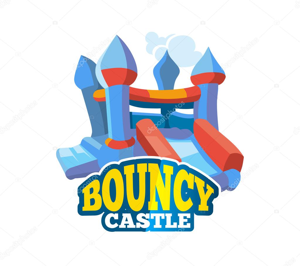 Vector illustration of color emblem with bouncy castle for games on inflatable playground. Advertise label with place for your text. Picture isolate on white background