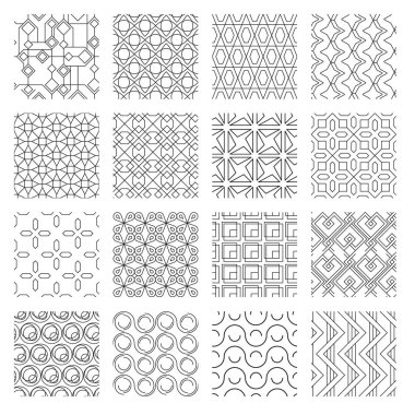 Geometrik soyut monokrom dikişsiz kalıplar ayarlandı. Tekstil, roset kıvrımlarını dalgalanan kıvrımlarla süslüyor. Çizgiler ve kareler çizerek yaratıcı dekoratif iz sürme. Vektör ortamı.