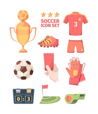 Soccer set. Winners gold cup with ball hand holds red card shirt shorts of football club player goalkeeper gloves electronic scoreboard green referees whistle and flag corner zone. Vector sports. clipart