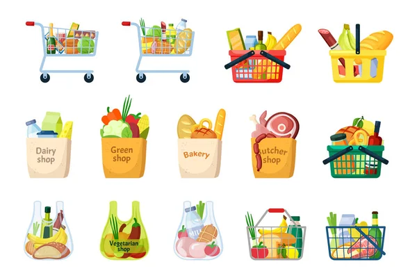 Conjunto de cestas y bolsas de la compra. Envases plásticos y metálicos llenos de verduras y frutas con embutidos y productos lácteos ruedas de plátanos amarillos maduros pan salami ahumado. vector de dibujos animados. — Vector de stock