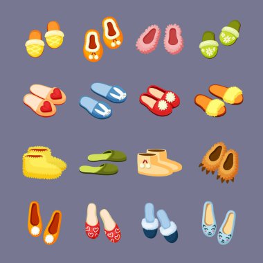 Samimi terlikler. Sarı kürklü ugg botlar kedi yüzlü şık mavi çizmeler papatya çayını şekillendirerek yaratıcı ayı pençeleri sıcak kahverengi ponponlar ve kırmızı kalpler çiziyor. Çizgi film vektörü.