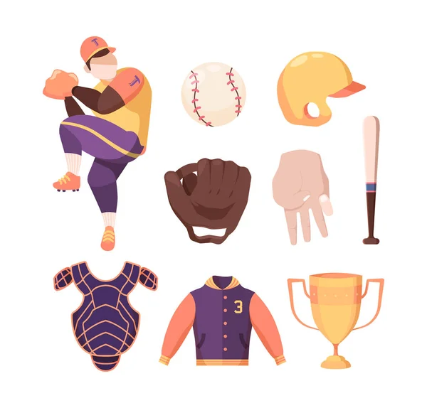 Honkbal uitrusting klaar. Beschermende gestreepte slab en gouden winnaars cup karakter in speciale sport uniform bereidt gooien beschermende gele helm honkbal bat bal werper handschoenen. Vectorkampioenschap. — Stockvector